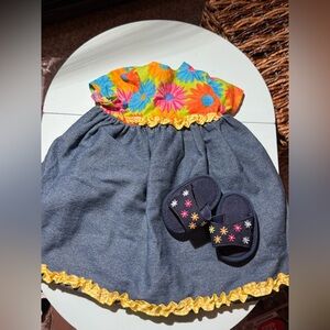 Doll handmade dress and matching shoes denim floral neon for 18” dolls